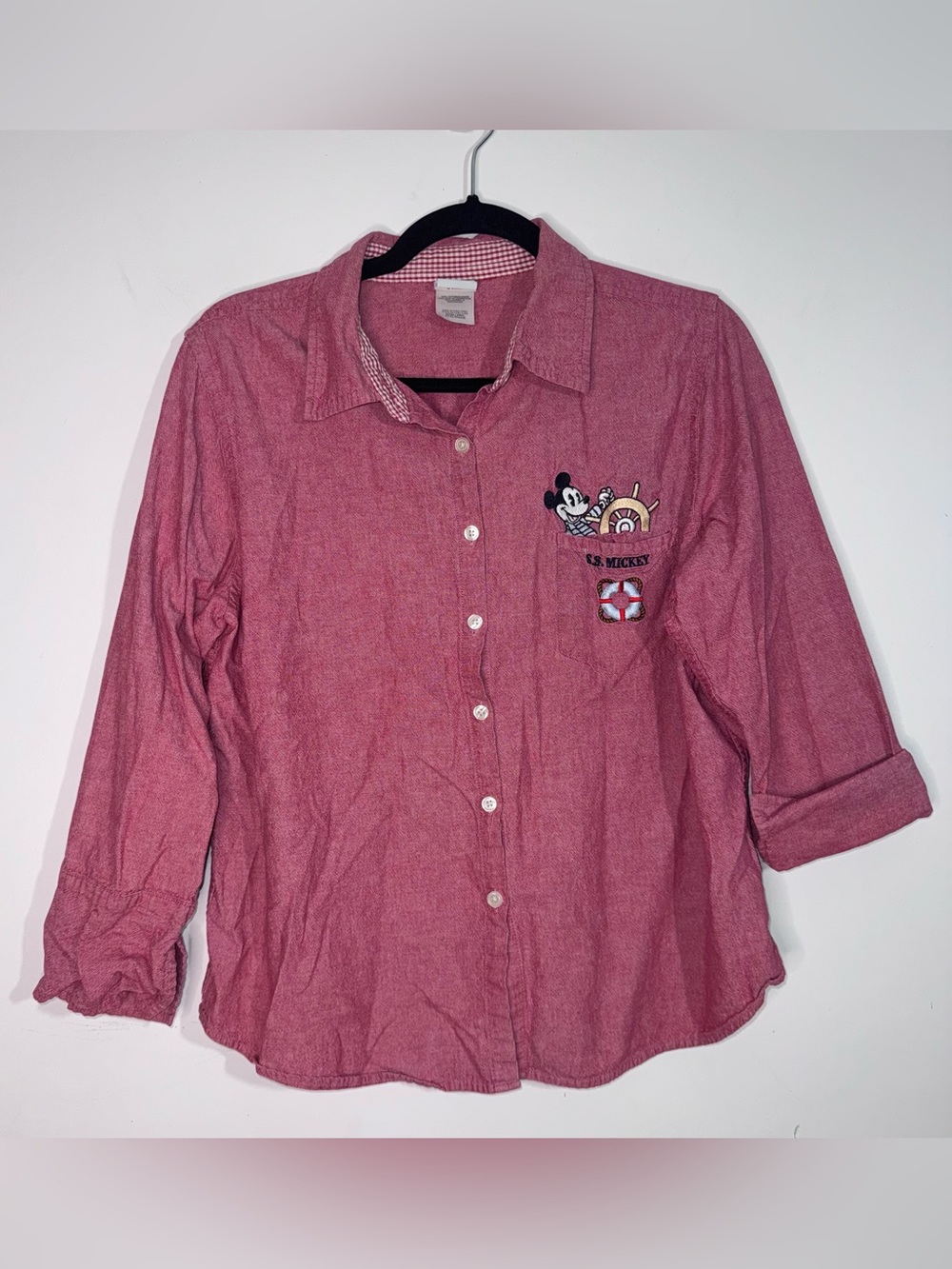 Disney Mickey Mouse XL Red Chambray Button Down Nautical Coastal Shirt